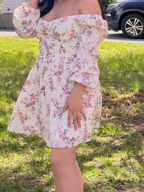 Inspired Hearts Cream Dress with Pink Rose Print